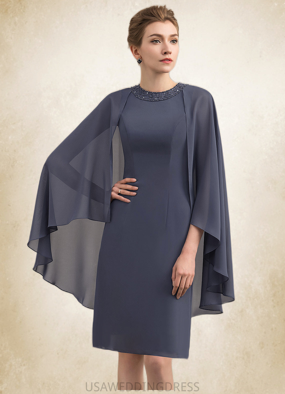 Tabitha Sheath/Column Scoop Neck Knee-Length Chiffon Mother of the Bride Dress With Beading Sequins DS126P0014911