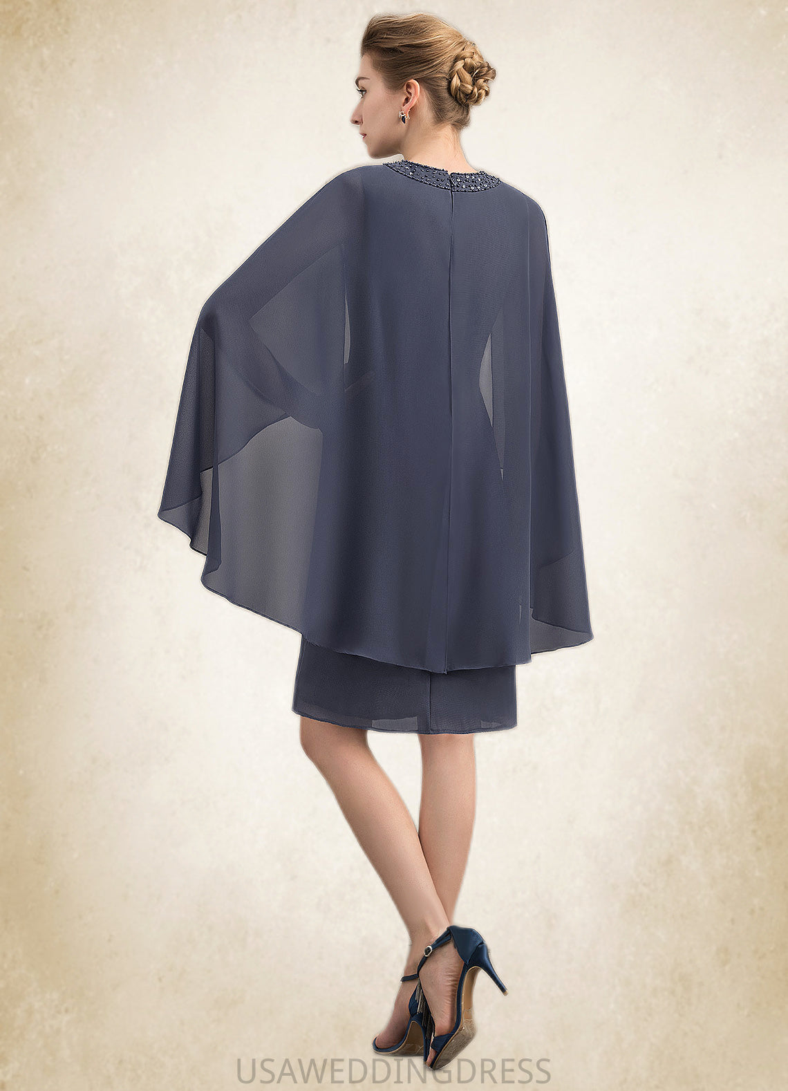 Tabitha Sheath/Column Scoop Neck Knee-Length Chiffon Mother of the Bride Dress With Beading Sequins DS126P0014911