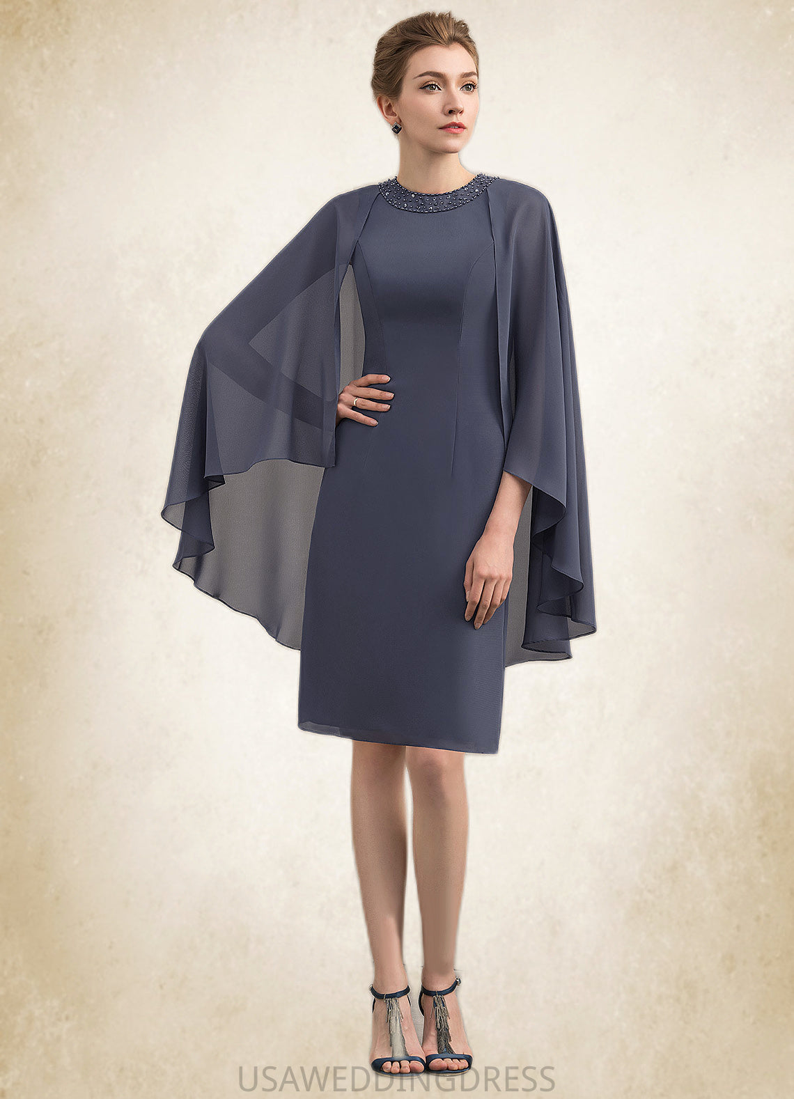 Tabitha Sheath/Column Scoop Neck Knee-Length Chiffon Mother of the Bride Dress With Beading Sequins DS126P0014911