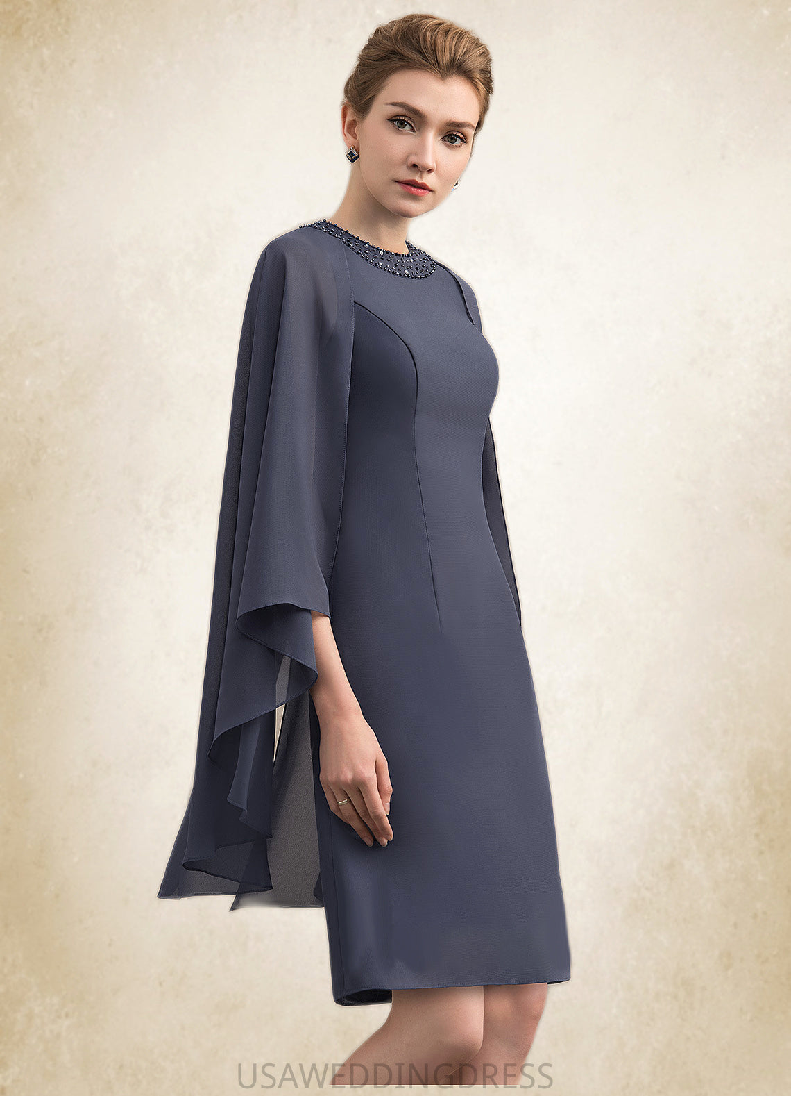 Tabitha Sheath/Column Scoop Neck Knee-Length Chiffon Mother of the Bride Dress With Beading Sequins DS126P0014911