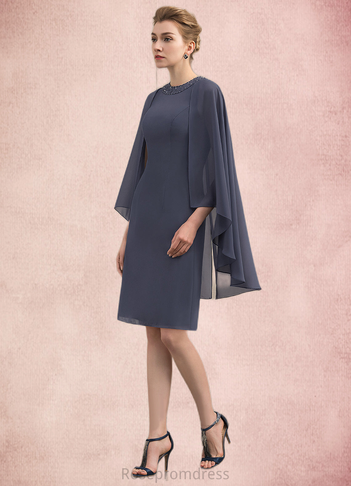 Maya Sheath/Column Scoop Neck Knee-Length Chiffon Mother of the Bride Dress With Beading Sequins SRS126P0014911