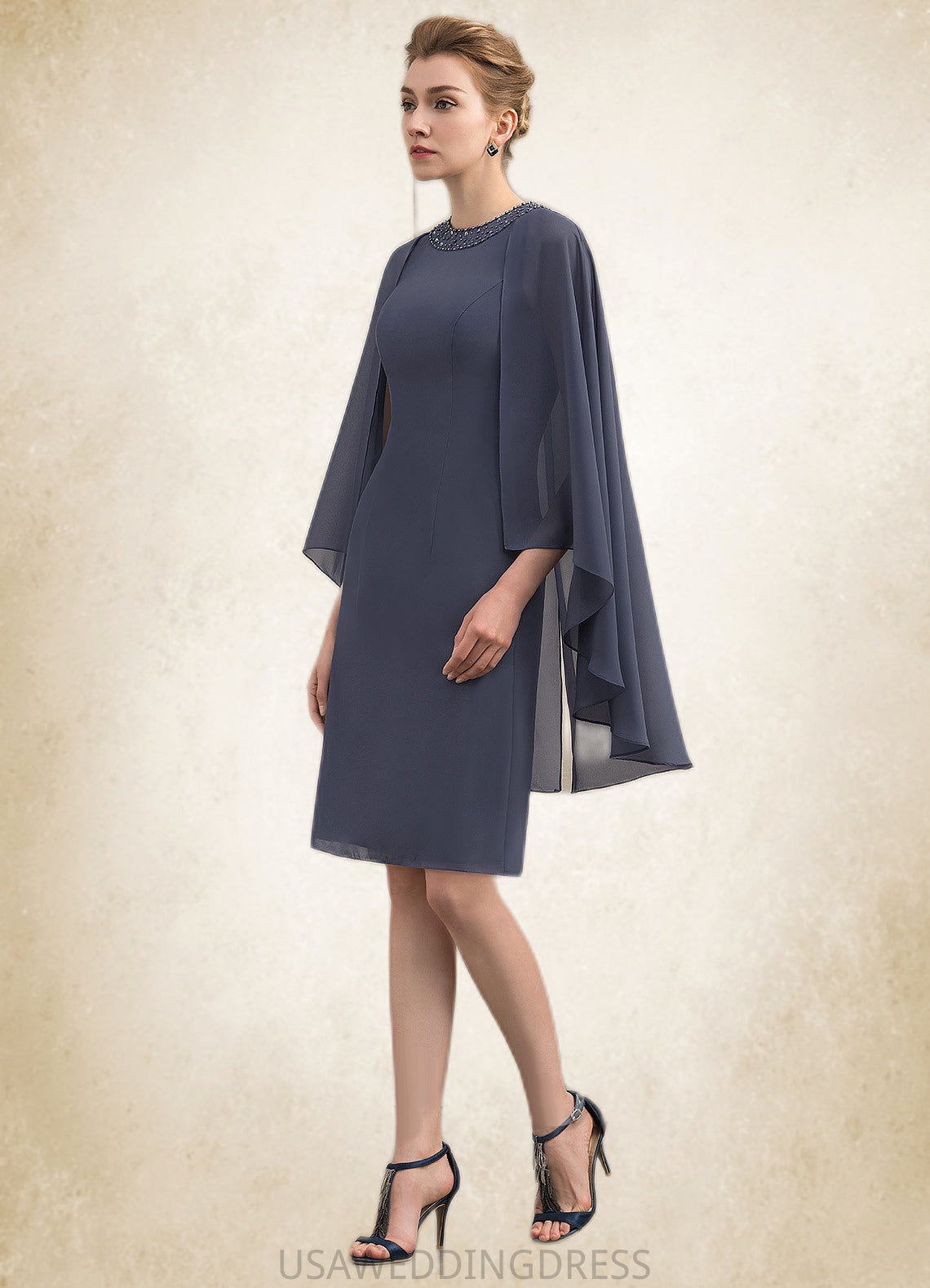 Tabitha Sheath/Column Scoop Neck Knee-Length Chiffon Mother of the Bride Dress With Beading Sequins DS126P0014911