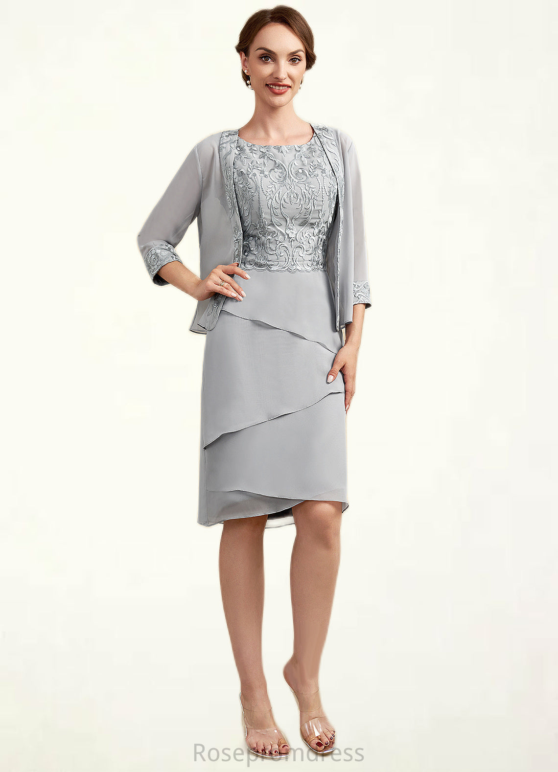 Lyric Sheath/Column Scoop Neck Asymmetrical Chiffon Lace Mother of the Bride Dress With Cascading Ruffles SRS126P0014912