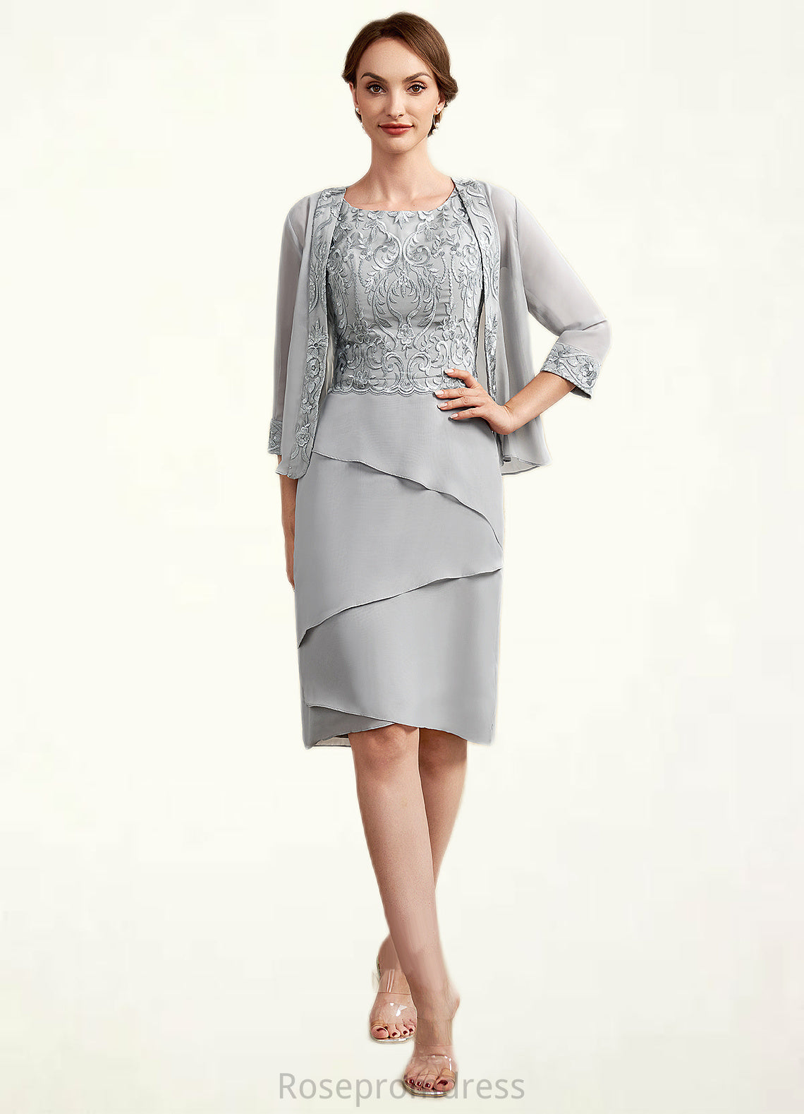 Lyric Sheath/Column Scoop Neck Asymmetrical Chiffon Lace Mother of the Bride Dress With Cascading Ruffles SRS126P0014912