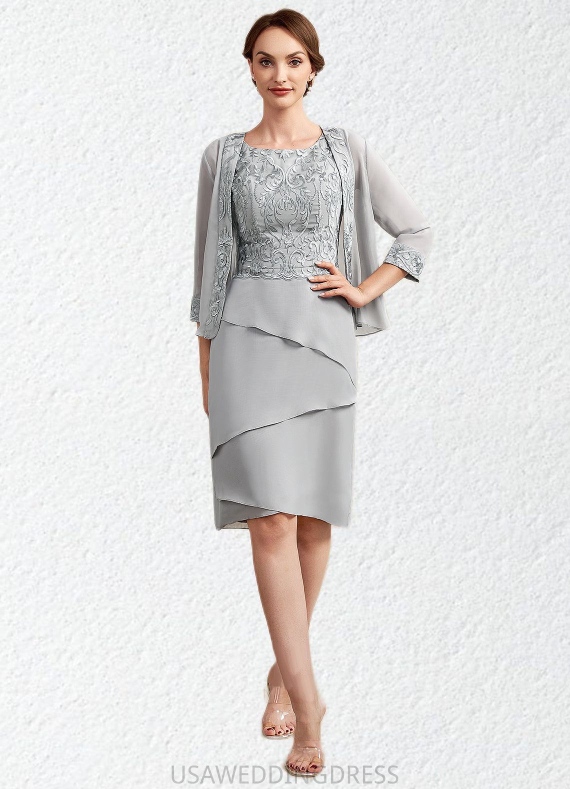 Reese Sheath/Column Scoop Neck Asymmetrical Chiffon Lace Mother of the Bride Dress With Cascading Ruffles DS126P0014912