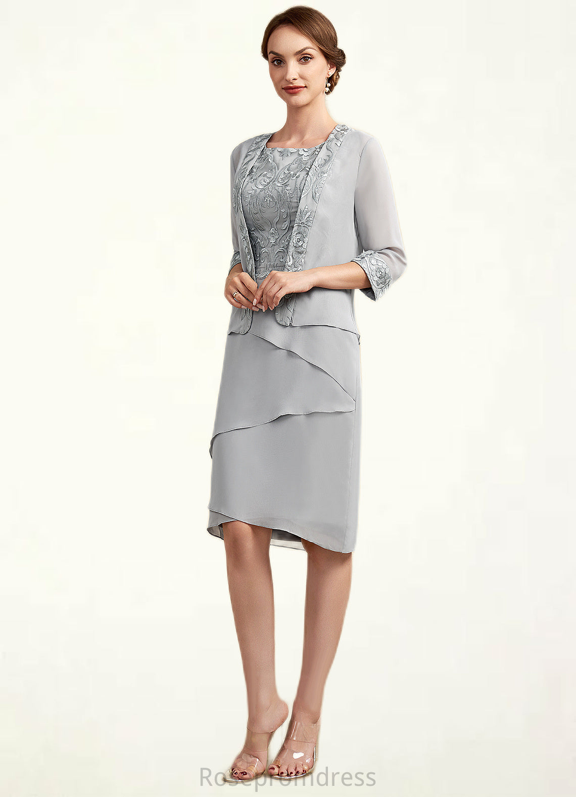 Lyric Sheath/Column Scoop Neck Asymmetrical Chiffon Lace Mother of the Bride Dress With Cascading Ruffles SRS126P0014912