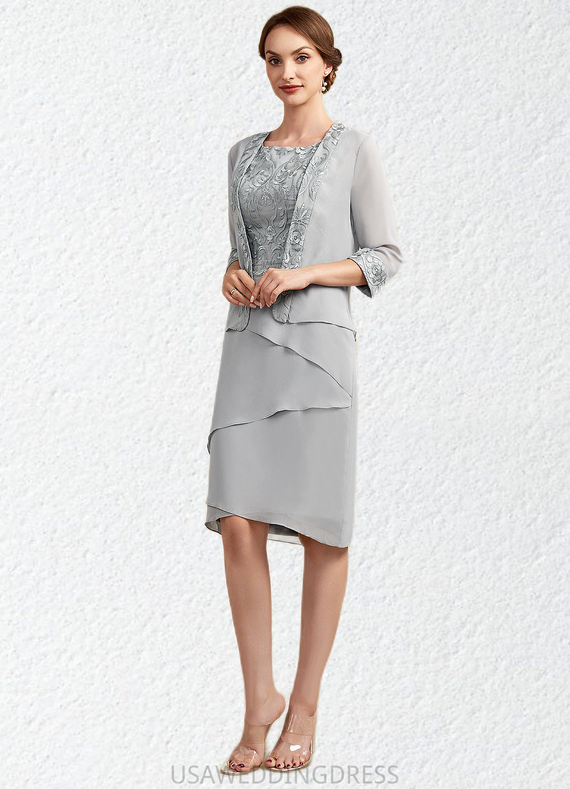 Reese Sheath/Column Scoop Neck Asymmetrical Chiffon Lace Mother of the Bride Dress With Cascading Ruffles DS126P0014912