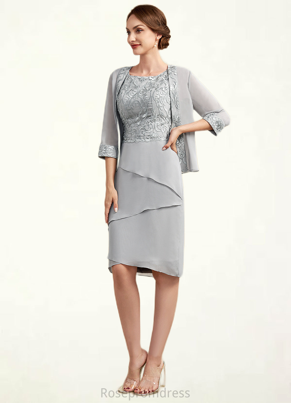 Lyric Sheath/Column Scoop Neck Asymmetrical Chiffon Lace Mother of the Bride Dress With Cascading Ruffles SRS126P0014912