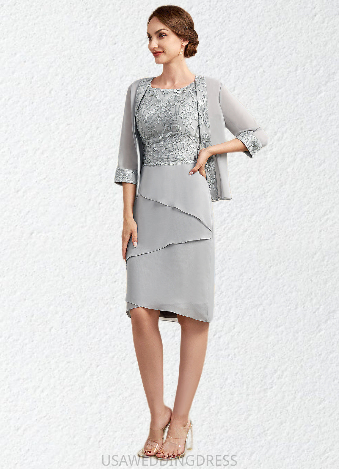 Reese Sheath/Column Scoop Neck Asymmetrical Chiffon Lace Mother of the Bride Dress With Cascading Ruffles DS126P0014912