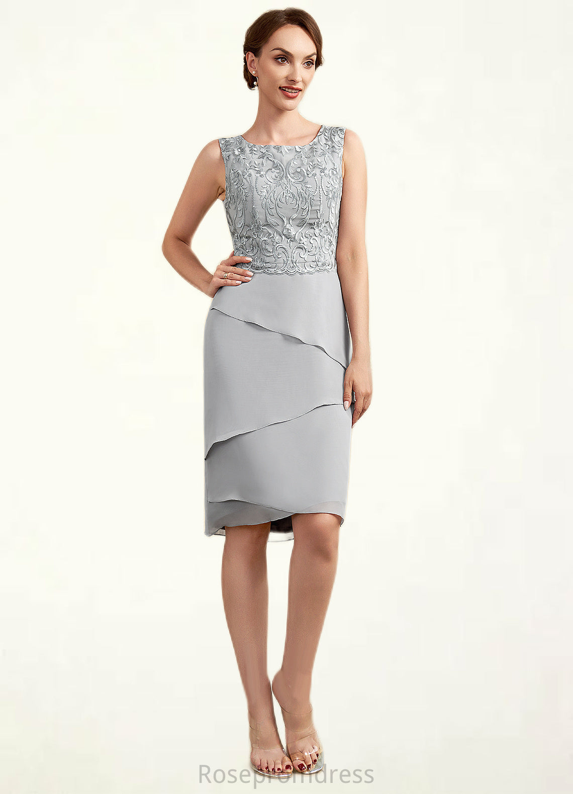 Lyric Sheath/Column Scoop Neck Asymmetrical Chiffon Lace Mother of the Bride Dress With Cascading Ruffles SRS126P0014912