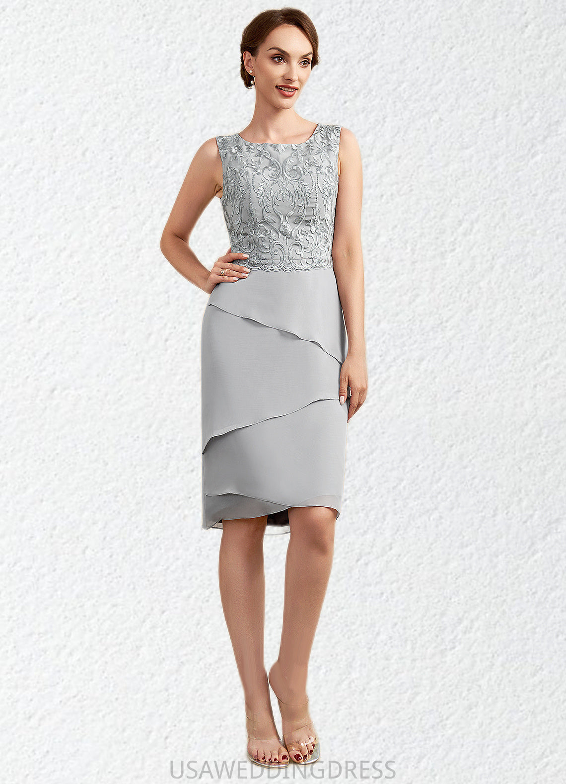 Reese Sheath/Column Scoop Neck Asymmetrical Chiffon Lace Mother of the Bride Dress With Cascading Ruffles DS126P0014912