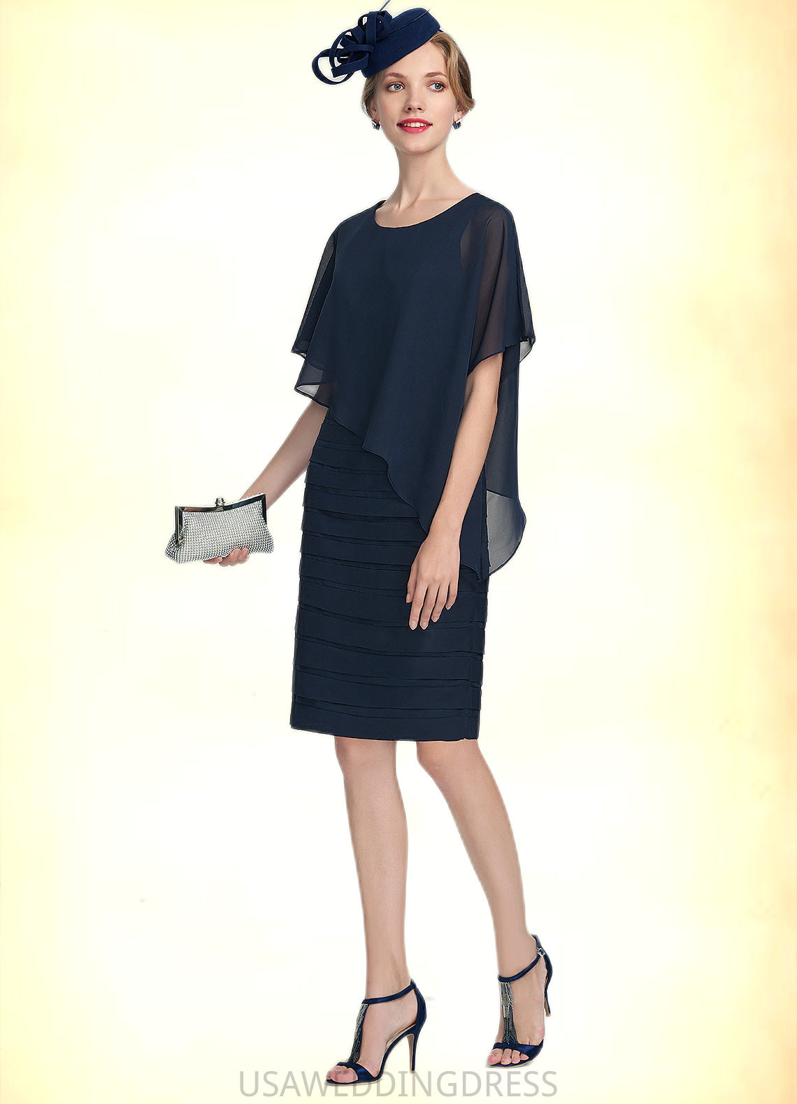 Jade Sheath/Column Scoop Neck Knee-Length Chiffon Mother of the Bride Dress With Ruffle DS126P0014913