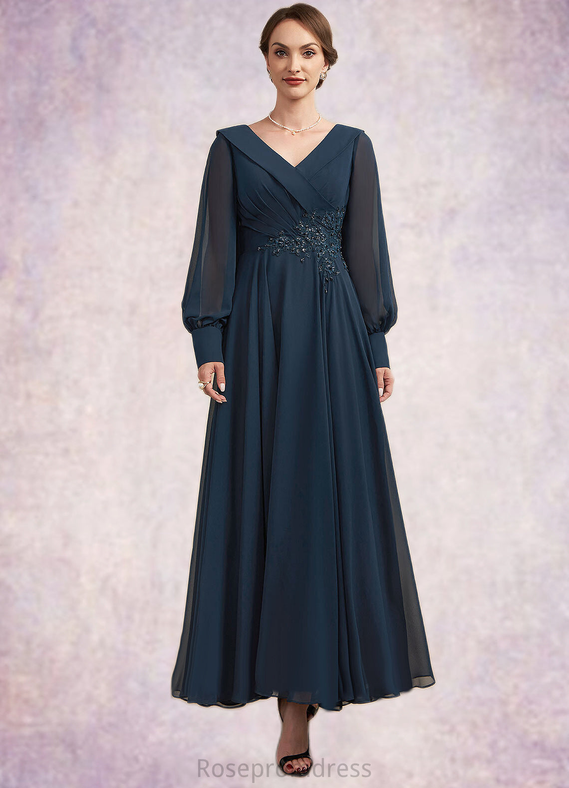 Laney A-Line V-neck Ankle-Length Chiffon Mother of the Bride Dress With Ruffle Beading Appliques Lace Sequins SRS126P0014915
