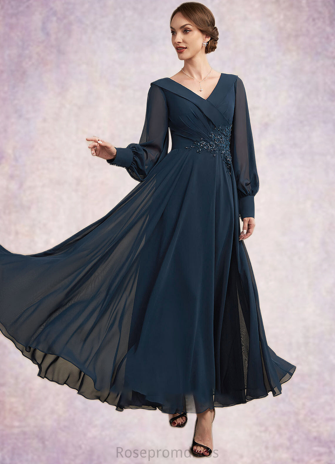 Laney A-Line V-neck Ankle-Length Chiffon Mother of the Bride Dress With Ruffle Beading Appliques Lace Sequins SRS126P0014915