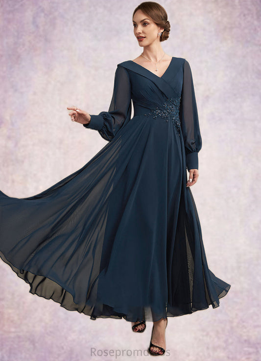 Laney A-Line V-neck Ankle-Length Chiffon Mother of the Bride Dress With Ruffle Beading Appliques Lace Sequins SRS126P0014915