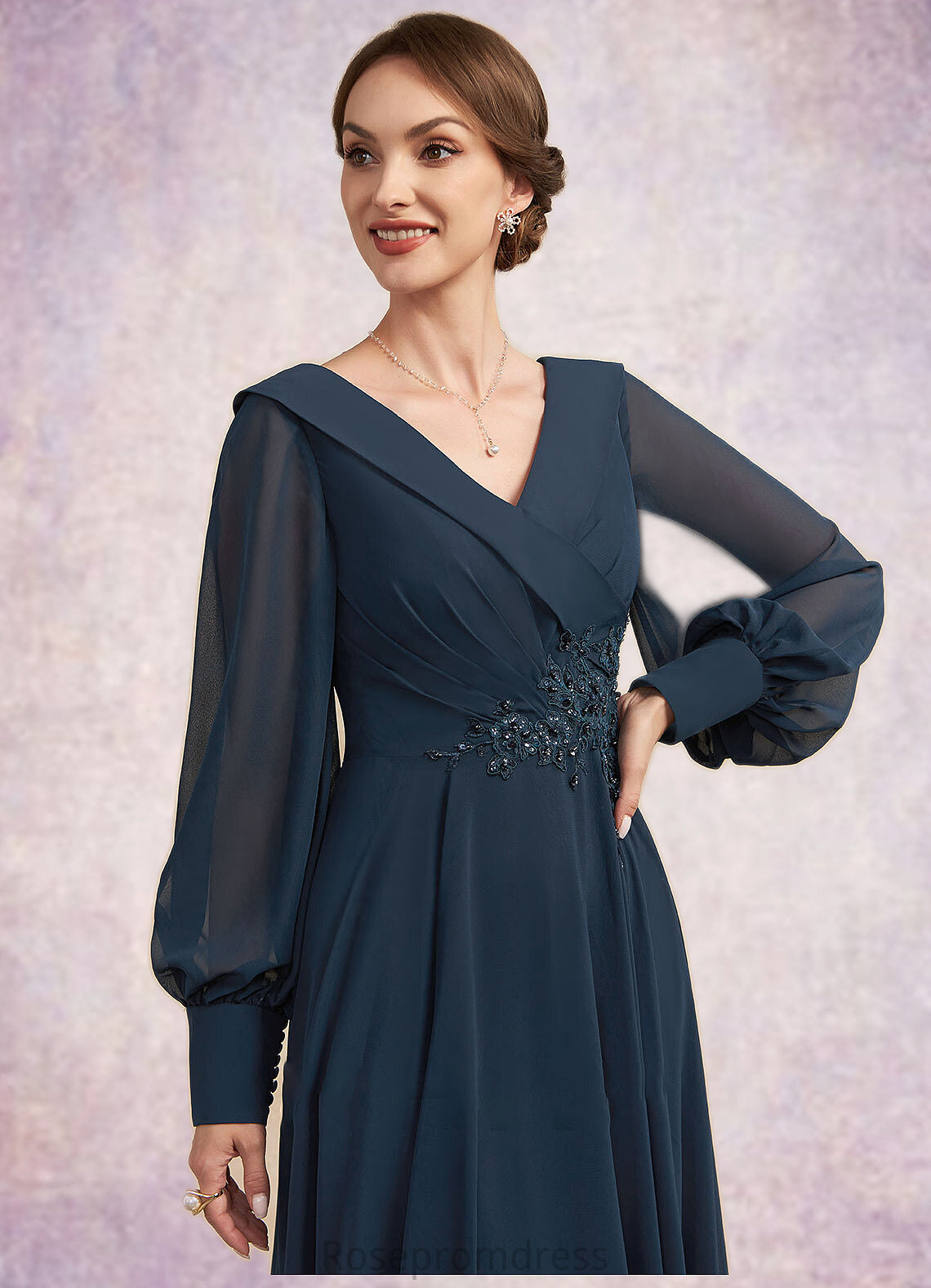 Laney A-Line V-neck Ankle-Length Chiffon Mother of the Bride Dress With Ruffle Beading Appliques Lace Sequins SRS126P0014915