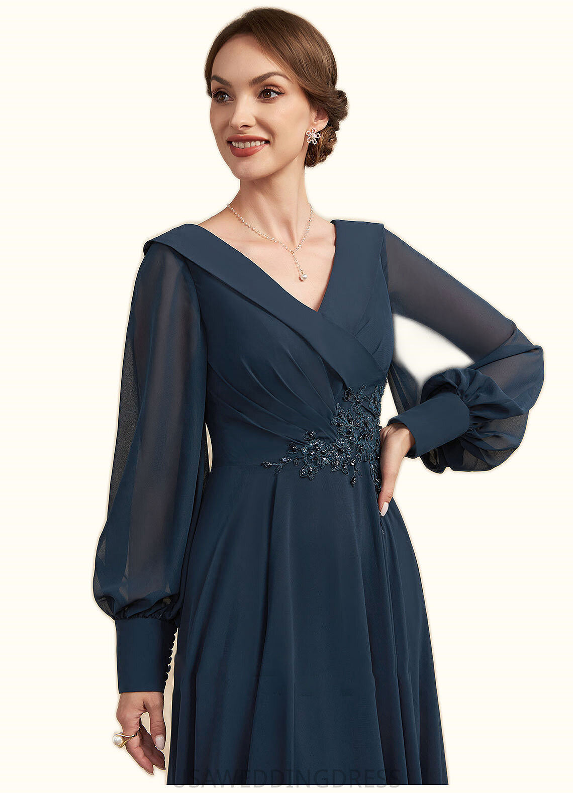 Leah A-Line V-neck Ankle-Length Chiffon Mother of the Bride Dress With Ruffle Beading Appliques Lace Sequins DS126P0014915