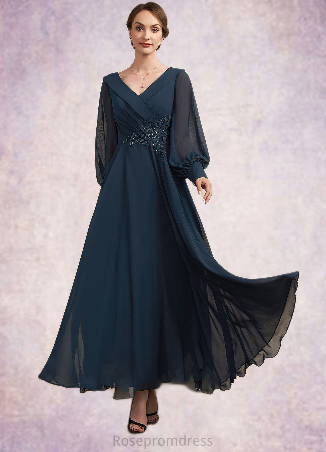 Laney A-Line V-neck Ankle-Length Chiffon Mother of the Bride Dress With Ruffle Beading Appliques Lace Sequins SRS126P0014915