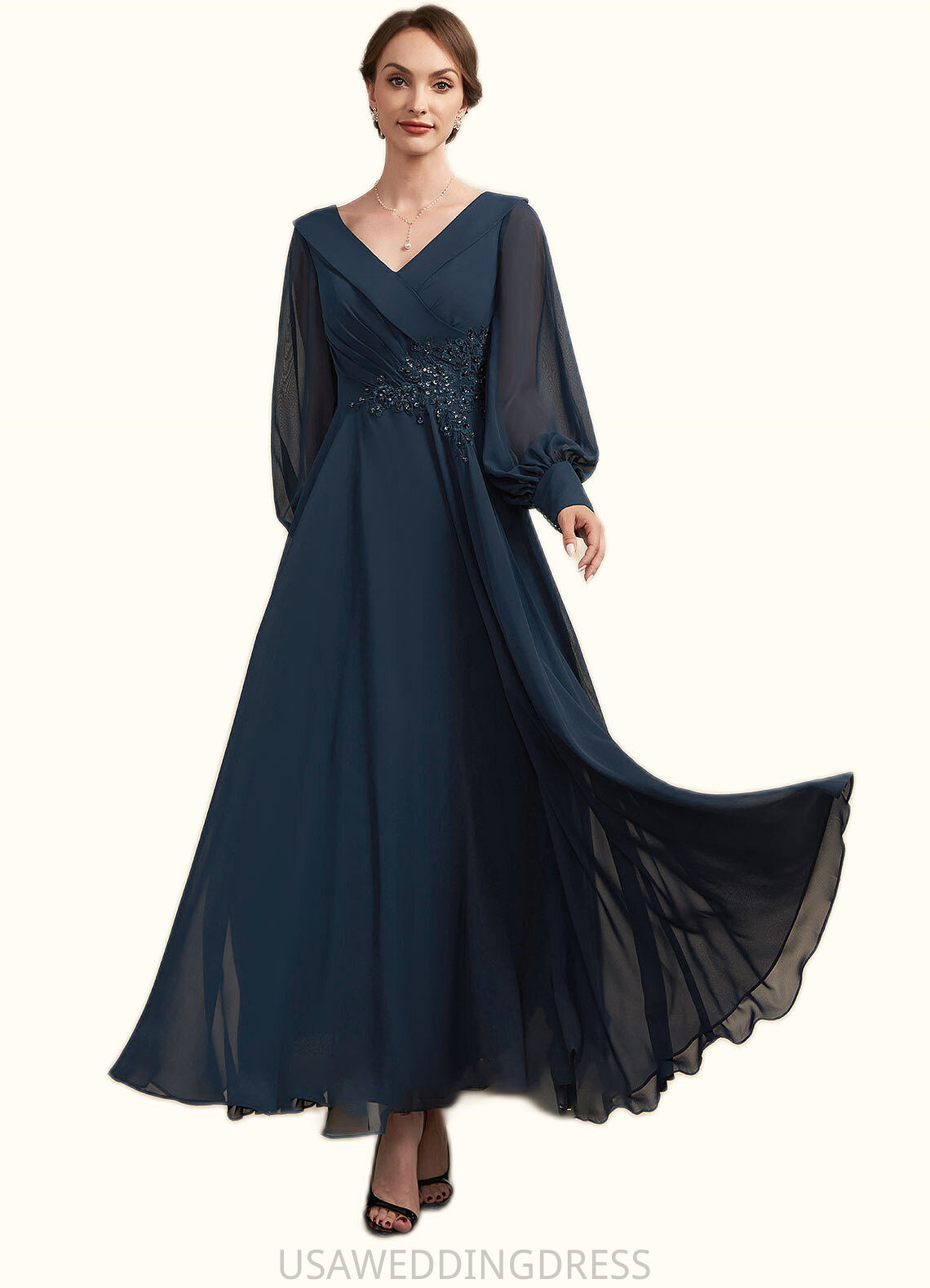 Leah A-Line V-neck Ankle-Length Chiffon Mother of the Bride Dress With Ruffle Beading Appliques Lace Sequins DS126P0014915