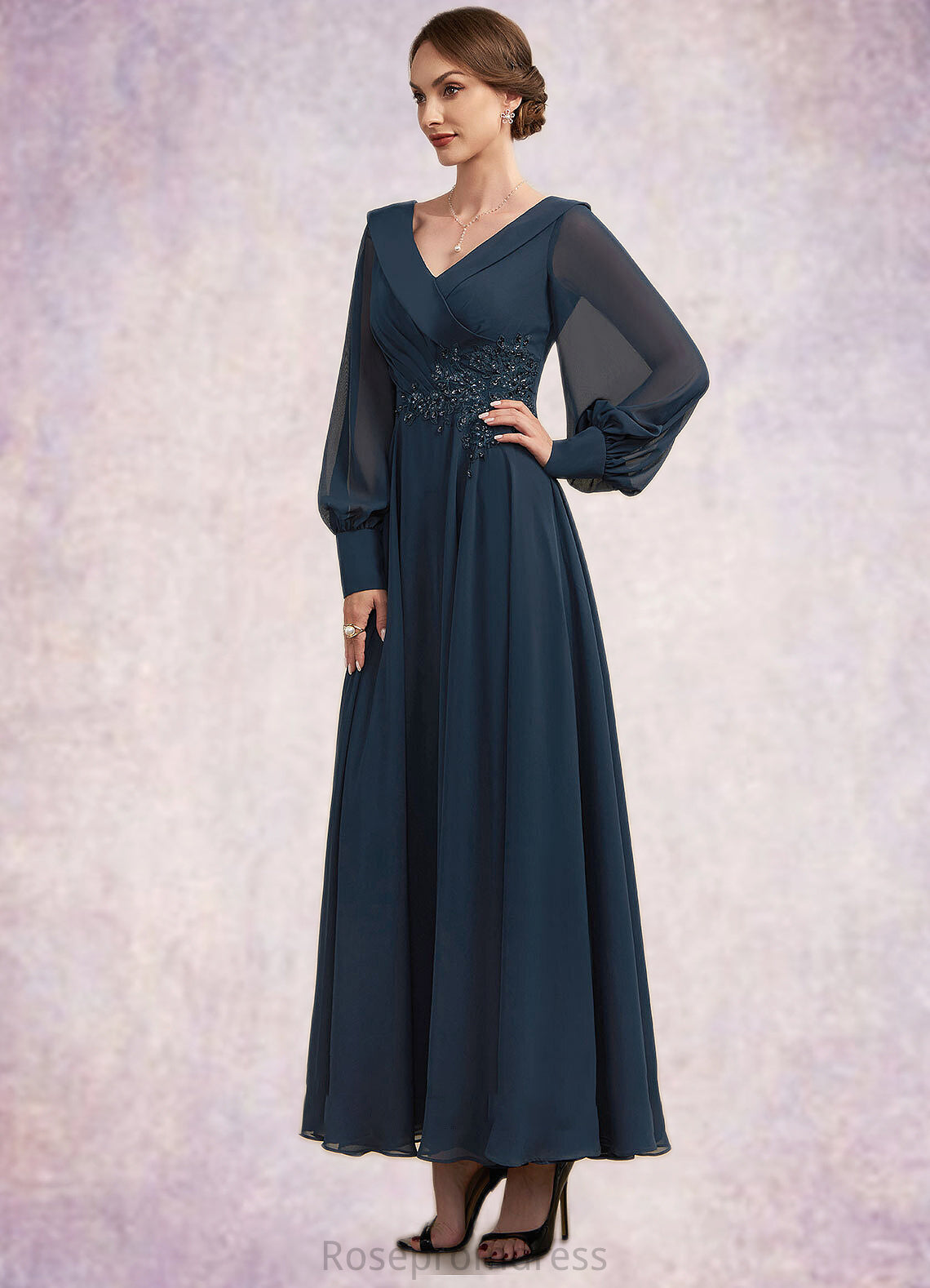 Laney A-Line V-neck Ankle-Length Chiffon Mother of the Bride Dress With Ruffle Beading Appliques Lace Sequins SRS126P0014915