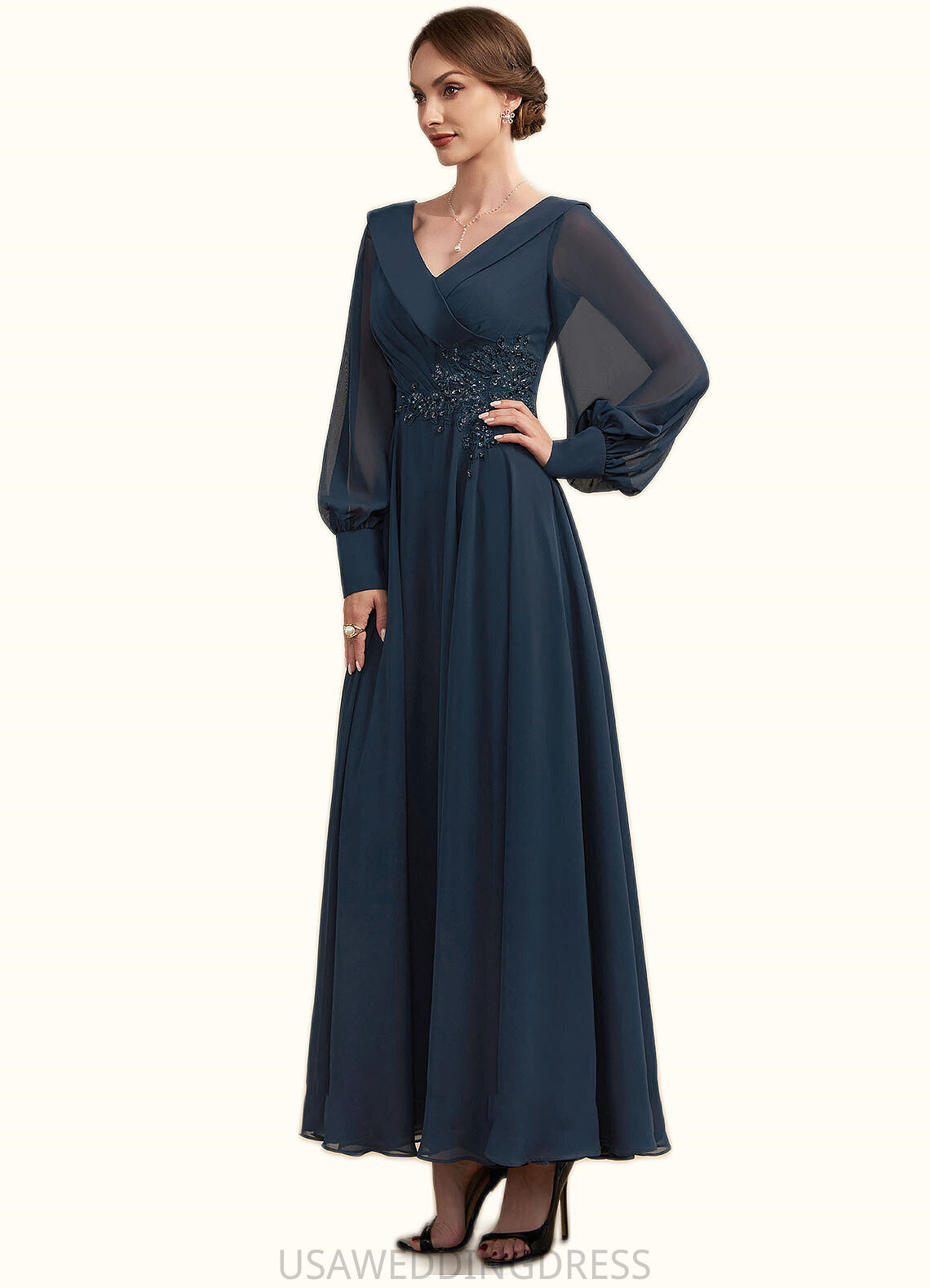 Leah A-Line V-neck Ankle-Length Chiffon Mother of the Bride Dress With Ruffle Beading Appliques Lace Sequins DS126P0014915