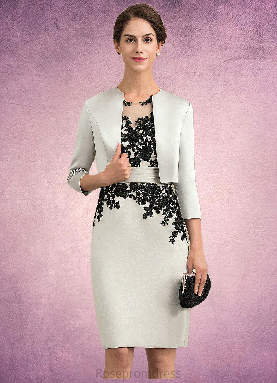 London Sheath/Column Scoop Neck Knee-Length Satin Lace Mother of the Bride Dress With Beading Sequins SRS126P0014916