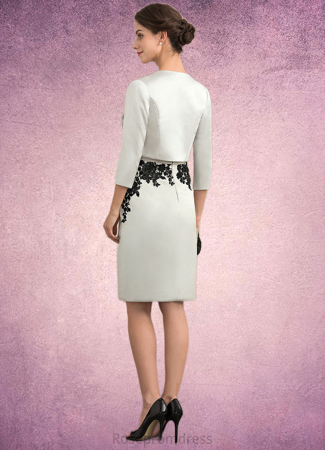 London Sheath/Column Scoop Neck Knee-Length Satin Lace Mother of the Bride Dress With Beading Sequins SRS126P0014916