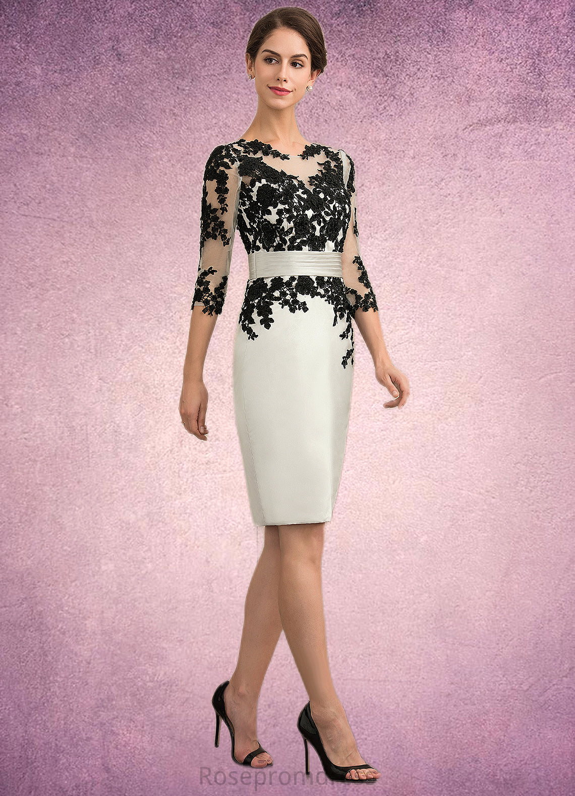 London Sheath/Column Scoop Neck Knee-Length Satin Lace Mother of the Bride Dress With Beading Sequins SRS126P0014916
