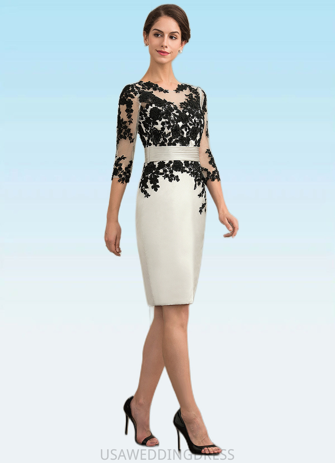 Barbara Sheath/Column Scoop Neck Knee-Length Satin Lace Mother of the Bride Dress With Beading Sequins DS126P0014916