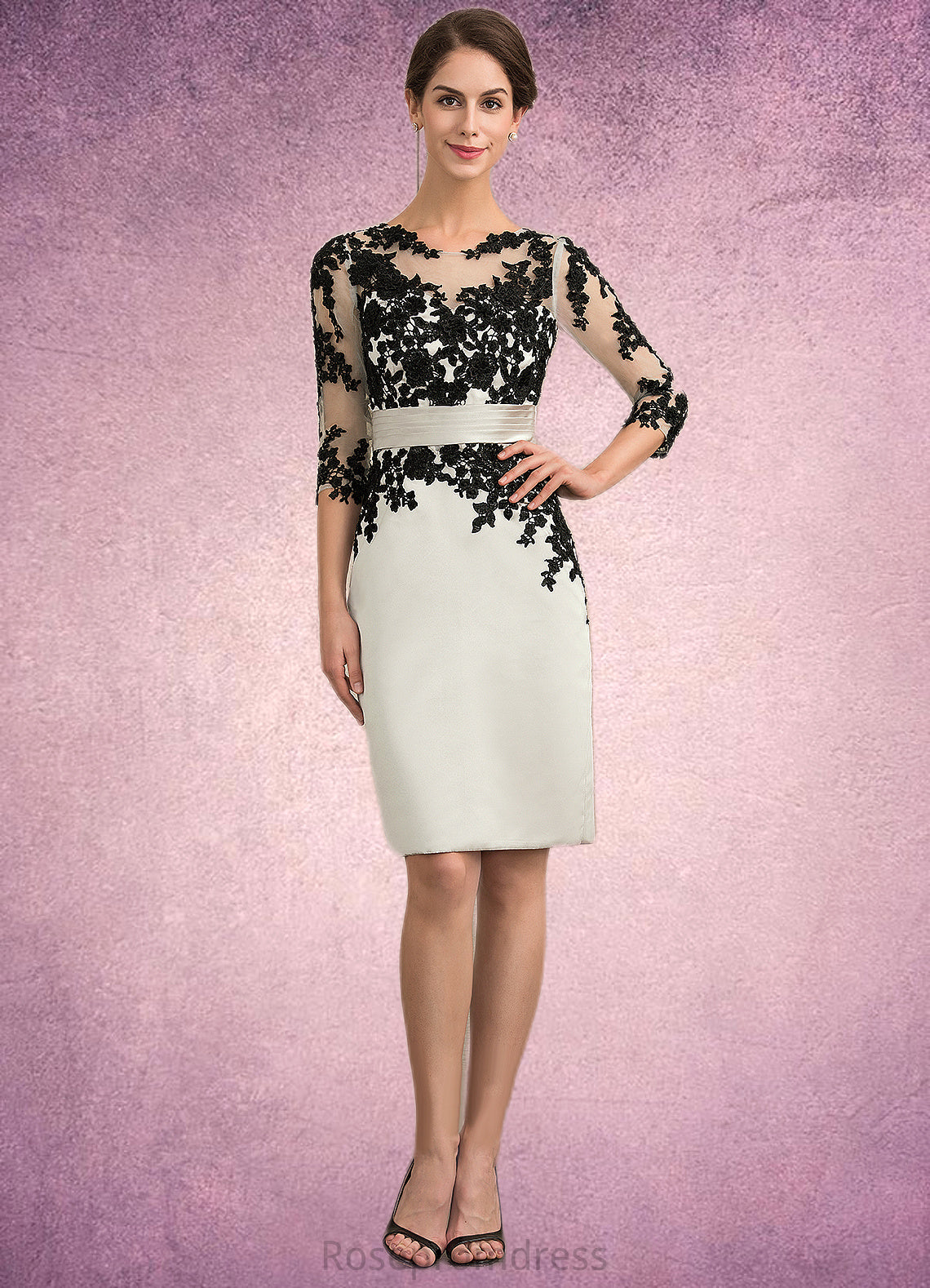 London Sheath/Column Scoop Neck Knee-Length Satin Lace Mother of the Bride Dress With Beading Sequins SRS126P0014916