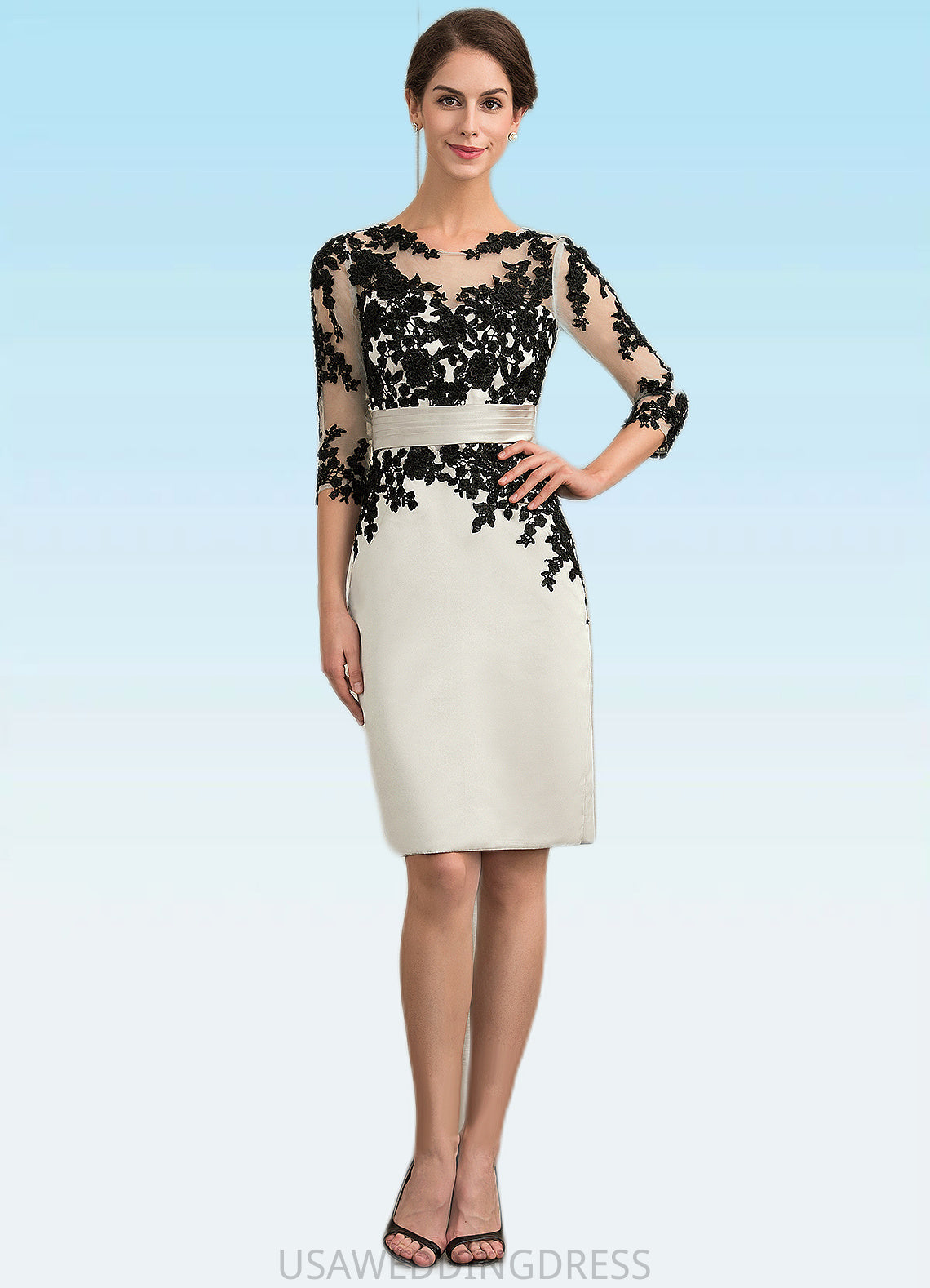 Barbara Sheath/Column Scoop Neck Knee-Length Satin Lace Mother of the Bride Dress With Beading Sequins DS126P0014916