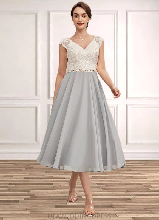 Eliana A-Line V-neck Tea-Length Chiffon Lace Mother of the Bride Dress With Beading DS126P0014919