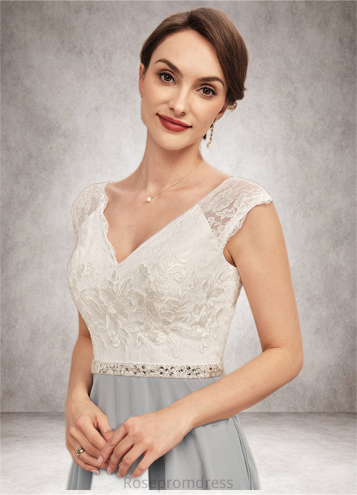 Paisley A-Line V-neck Tea-Length Chiffon Lace Mother of the Bride Dress With Beading SRS126P0014919