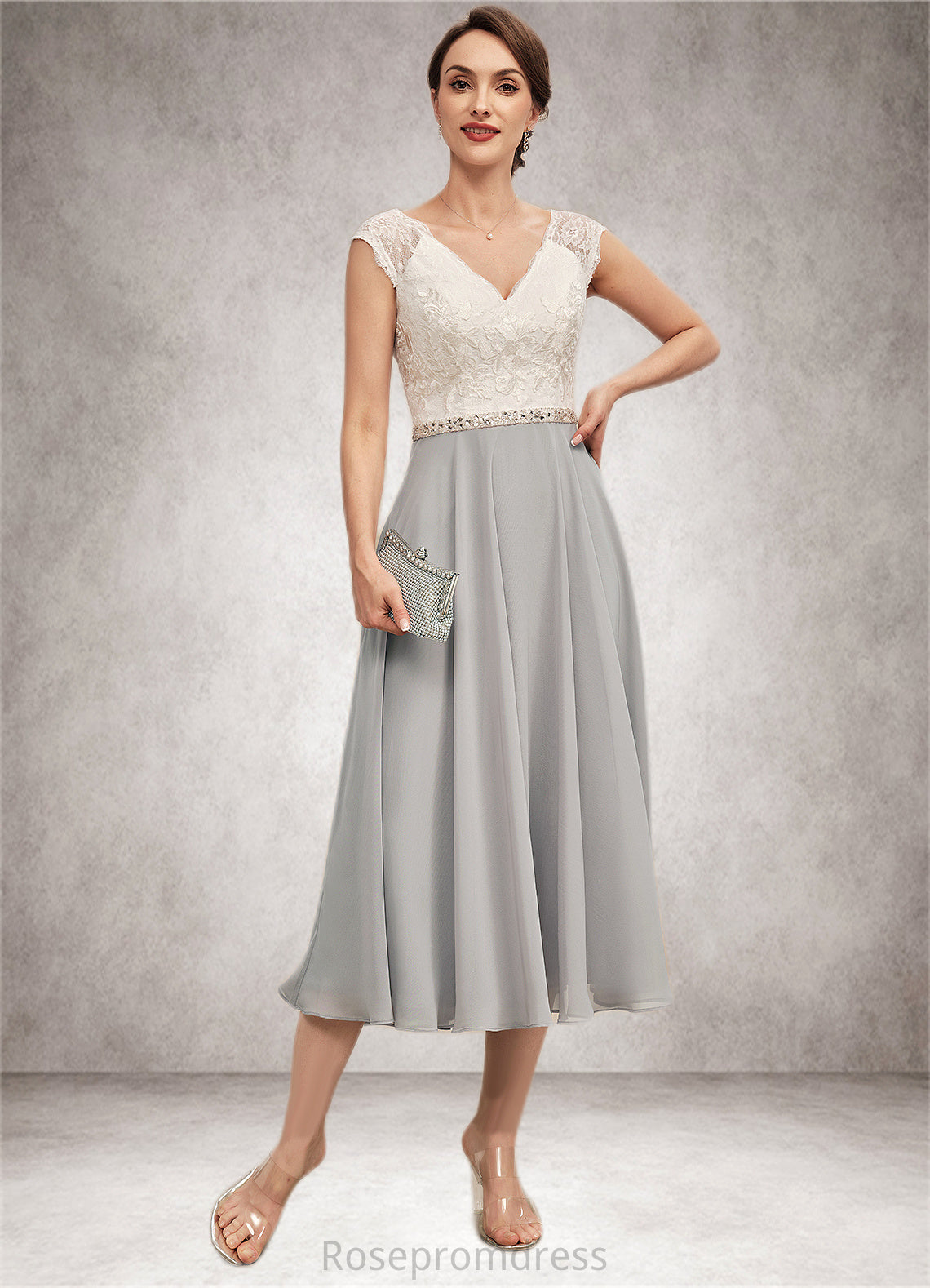 Paisley A-Line V-neck Tea-Length Chiffon Lace Mother of the Bride Dress With Beading SRS126P0014919