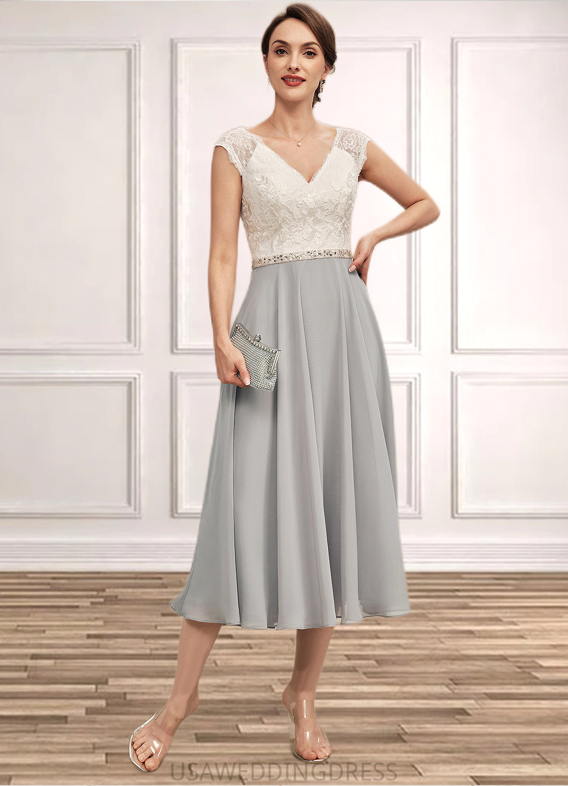 Eliana A-Line V-neck Tea-Length Chiffon Lace Mother of the Bride Dress With Beading DS126P0014919