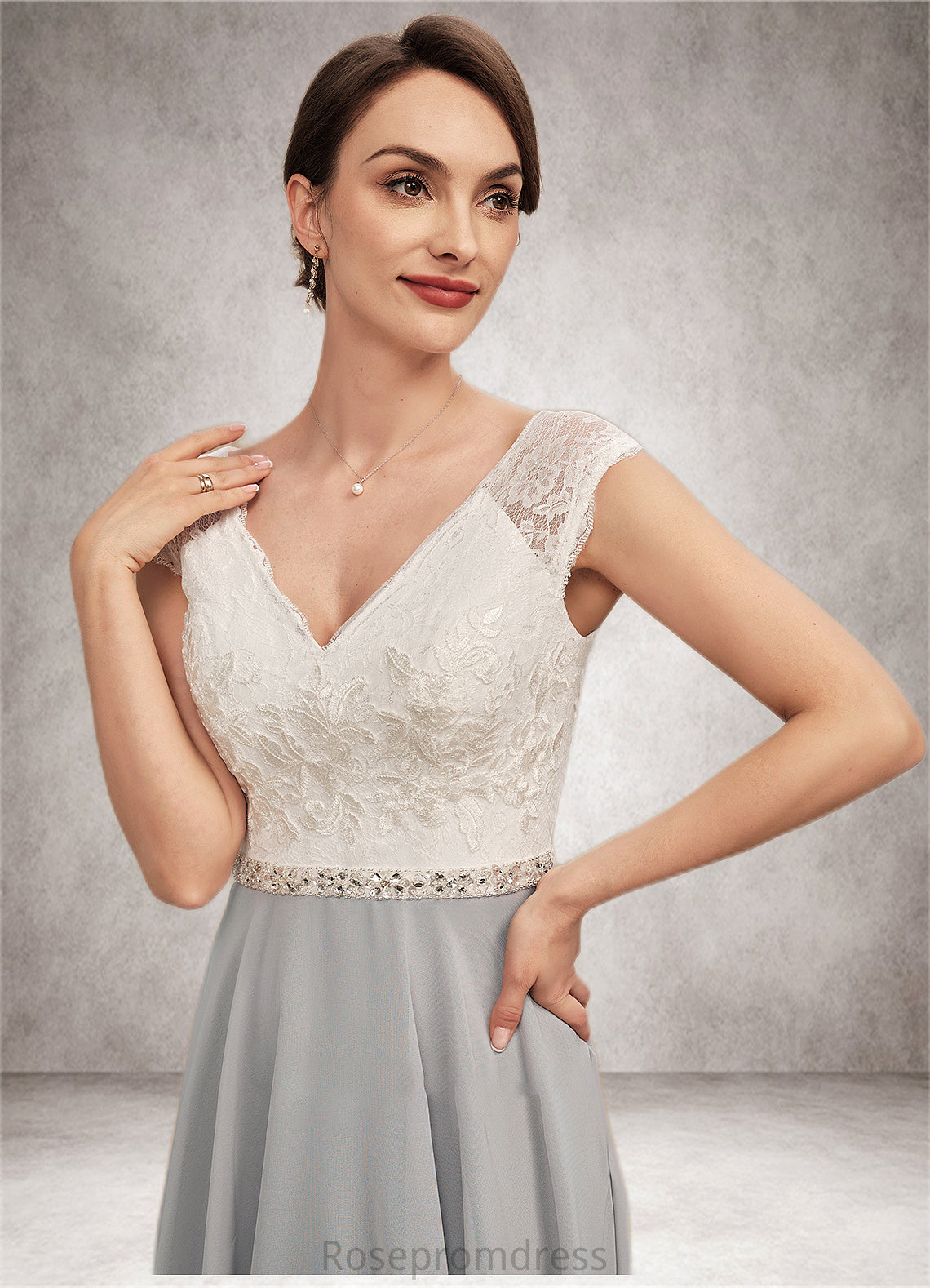 Paisley A-Line V-neck Tea-Length Chiffon Lace Mother of the Bride Dress With Beading SRS126P0014919