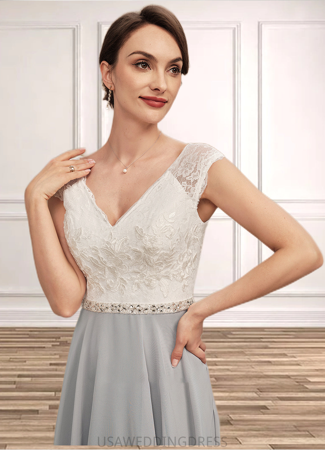 Eliana A-Line V-neck Tea-Length Chiffon Lace Mother of the Bride Dress With Beading DS126P0014919