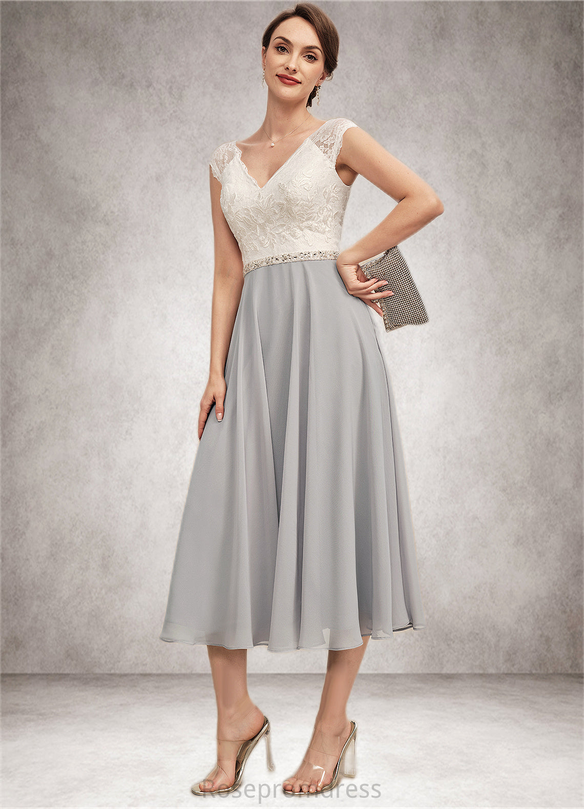 Paisley A-Line V-neck Tea-Length Chiffon Lace Mother of the Bride Dress With Beading SRS126P0014919
