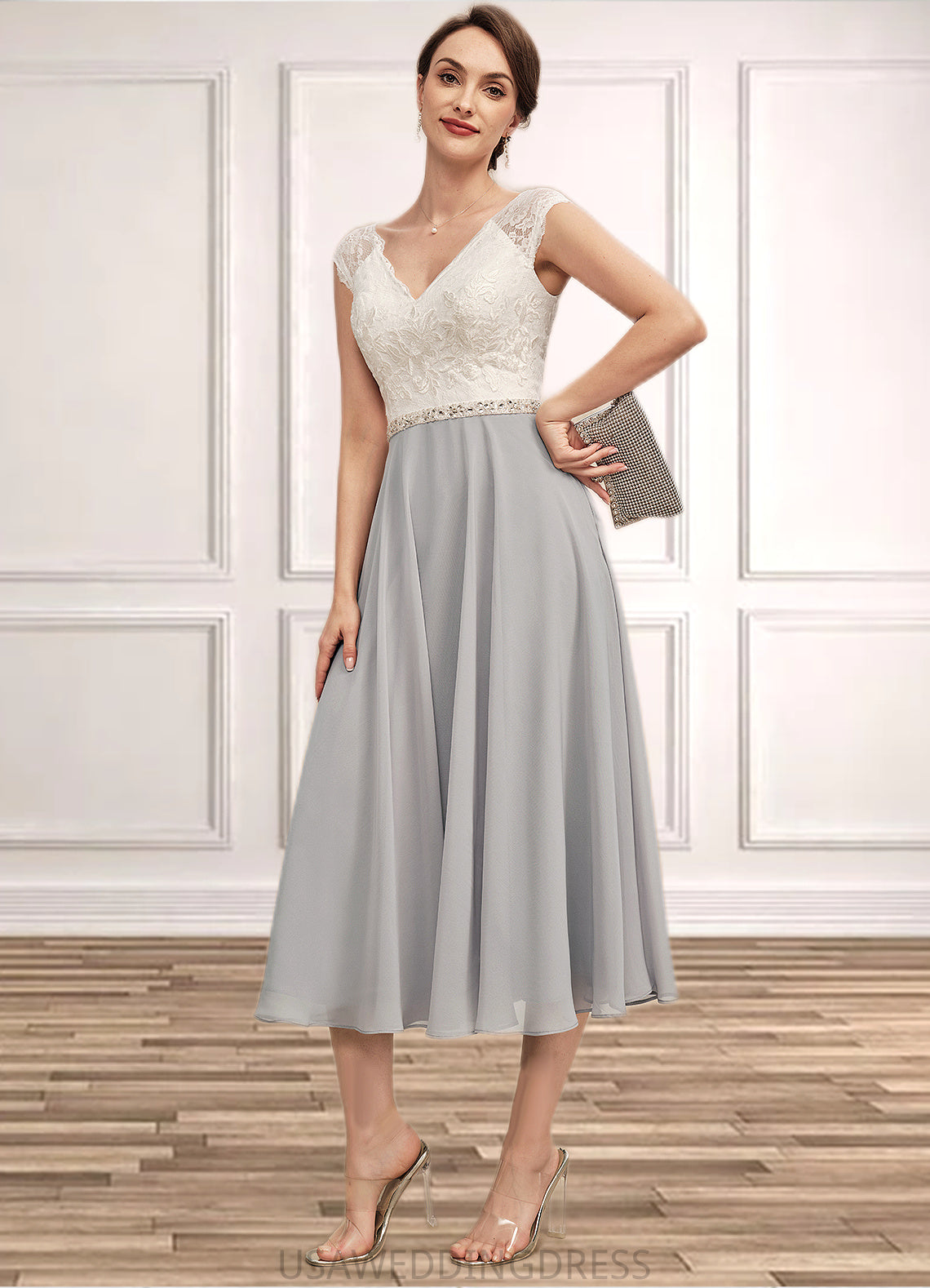 Eliana A-Line V-neck Tea-Length Chiffon Lace Mother of the Bride Dress With Beading DS126P0014919