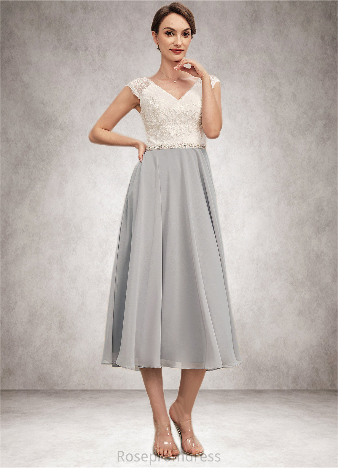 Paisley A-Line V-neck Tea-Length Chiffon Lace Mother of the Bride Dress With Beading SRS126P0014919