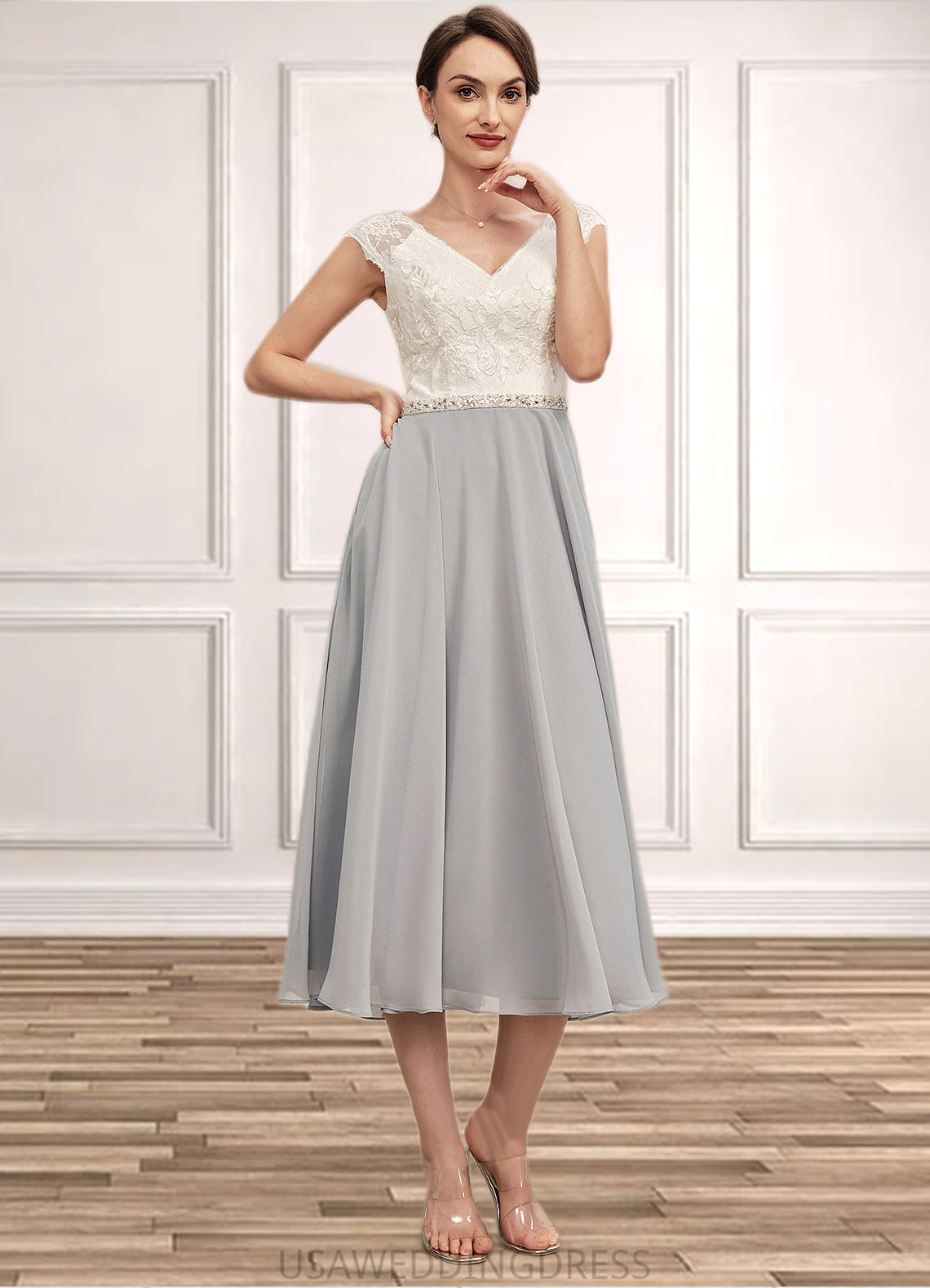 Eliana A-Line V-neck Tea-Length Chiffon Lace Mother of the Bride Dress With Beading DS126P0014919