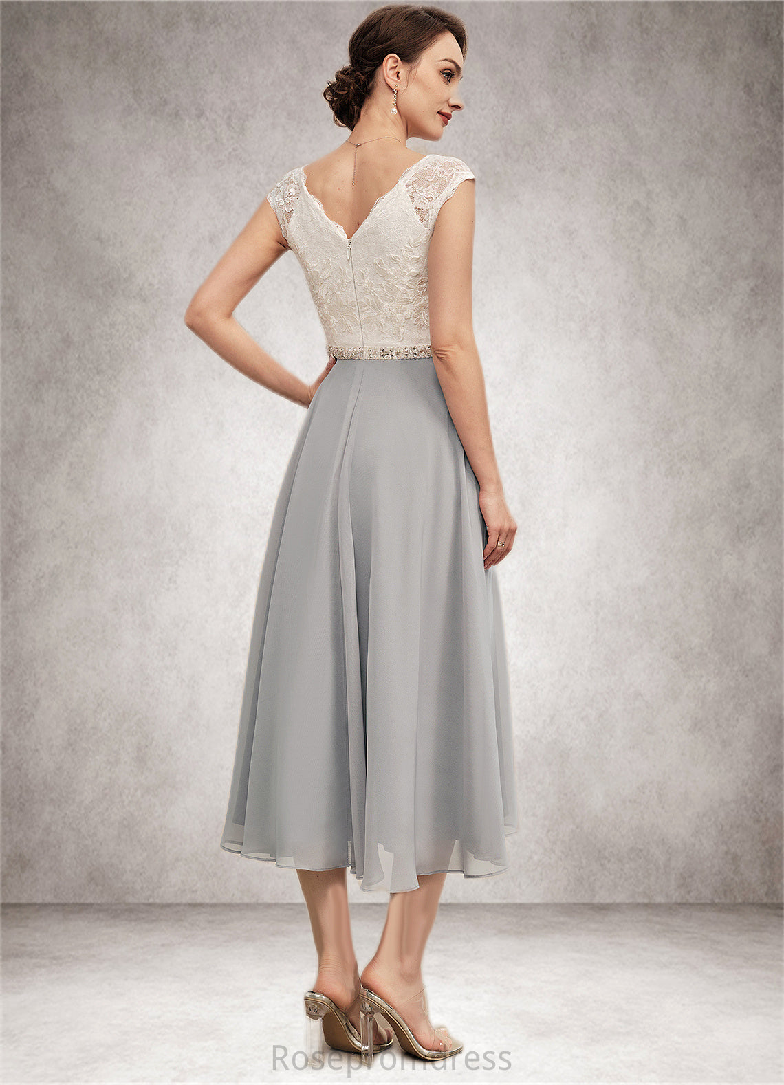 Paisley A-Line V-neck Tea-Length Chiffon Lace Mother of the Bride Dress With Beading SRS126P0014919