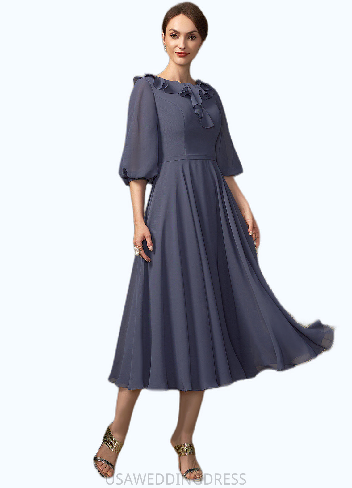 Adriana A-Line Scoop Neck Tea-Length Chiffon Mother of the Bride Dress With Cascading Ruffles DS126P0014920