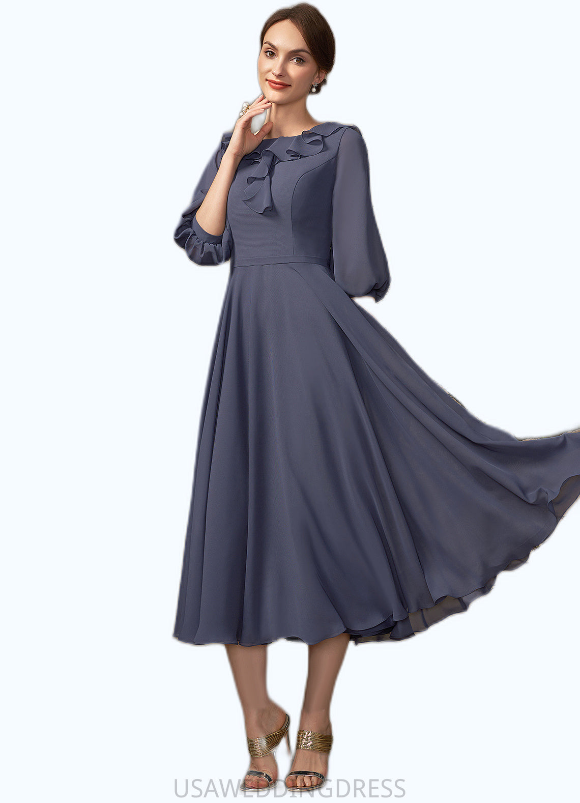 Adriana A-Line Scoop Neck Tea-Length Chiffon Mother of the Bride Dress With Cascading Ruffles DS126P0014920