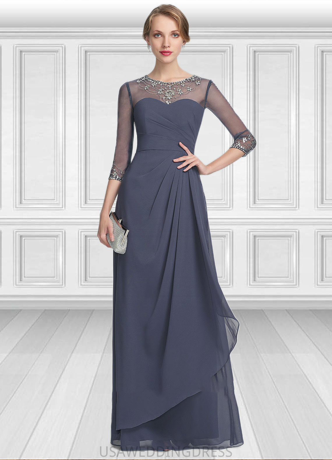 Isabella A-Line Scoop Neck Floor-Length Chiffon Mother of the Bride Dress With Beading Sequins Cascading Ruffles DS126P0014921