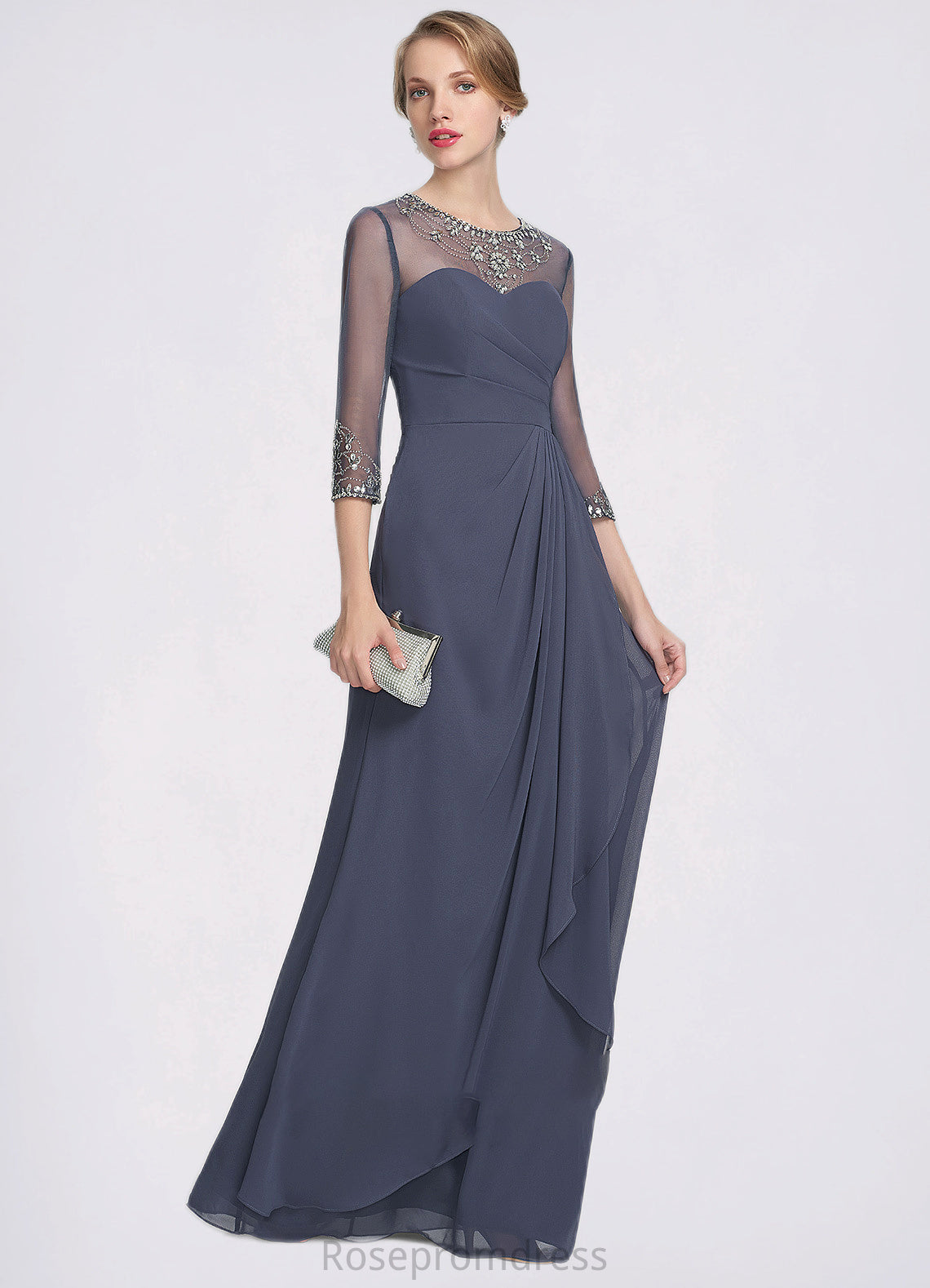 Aleah A-Line Scoop Neck Floor-Length Chiffon Mother of the Bride Dress With Beading Sequins Cascading Ruffles SRS126P0014921