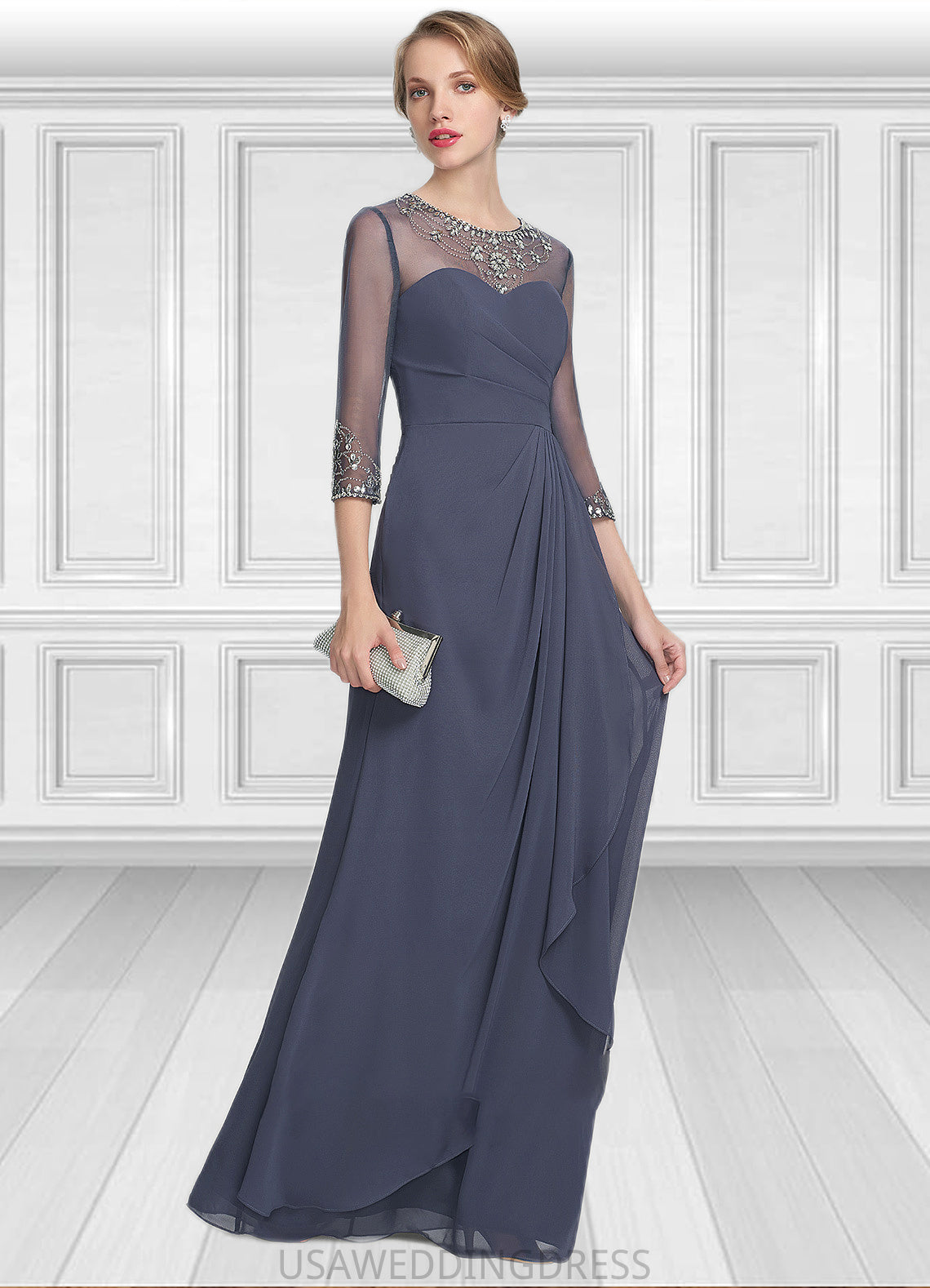 Isabella A-Line Scoop Neck Floor-Length Chiffon Mother of the Bride Dress With Beading Sequins Cascading Ruffles DS126P0014921