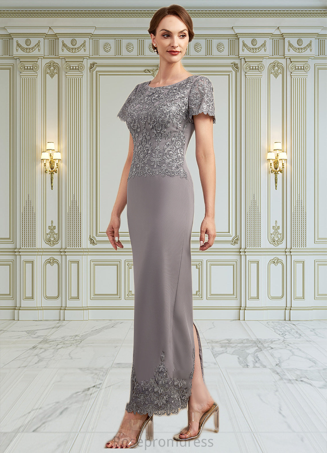 Kinsley Sheath/Column Scoop Neck Ankle-Length Chiffon Lace Mother of the Bride Dress With Sequins SRS126P0014922