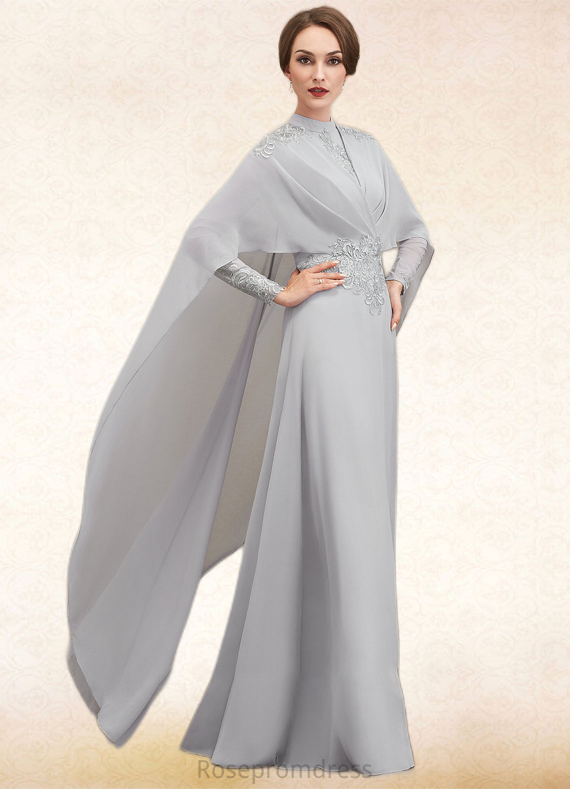 Kailey A-Line High Neck Floor-Length Chiffon Lace Mother of the Bride Dress With Ruffle SRS126P0014923