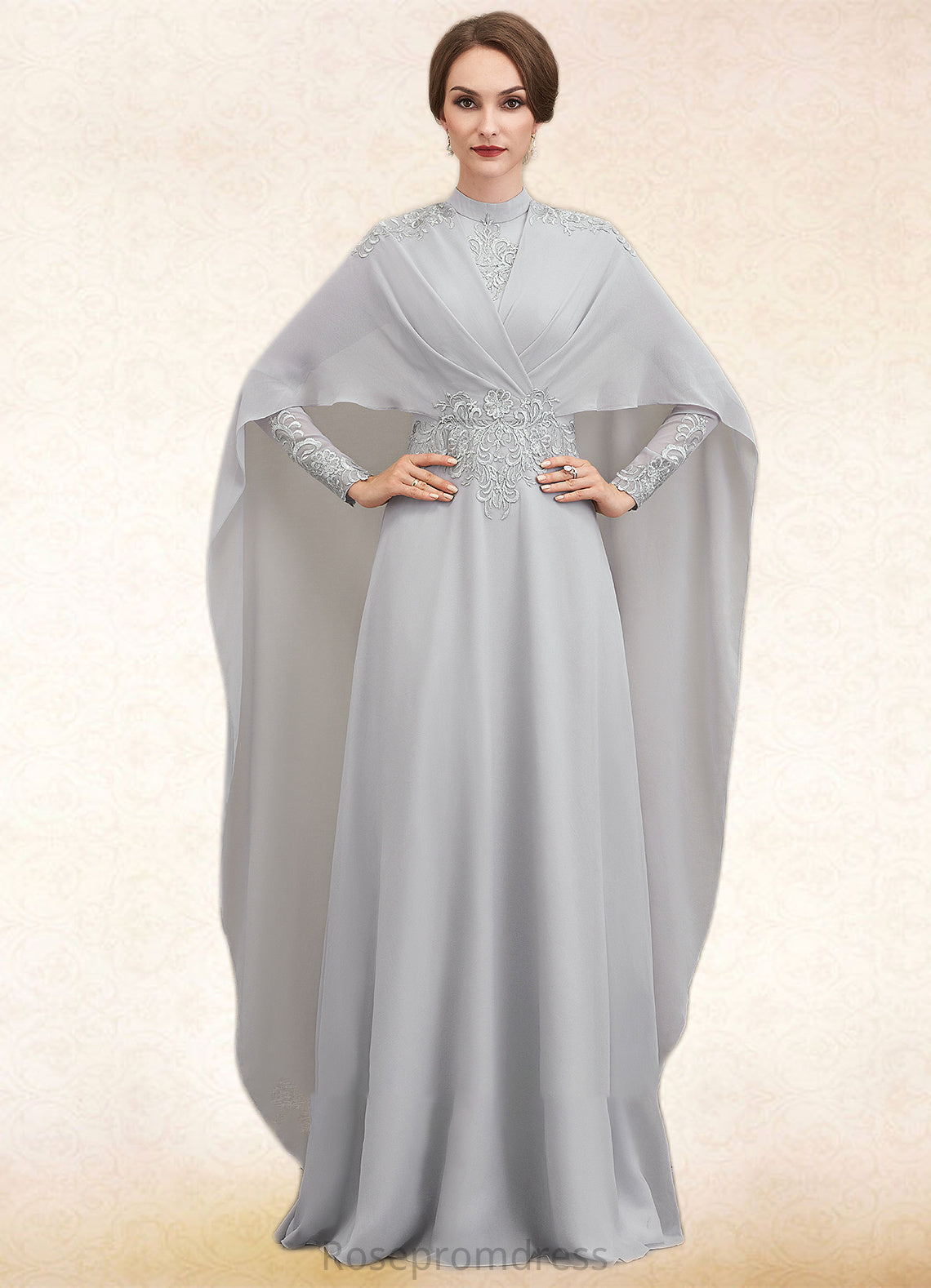 Kailey A-Line High Neck Floor-Length Chiffon Lace Mother of the Bride Dress With Ruffle SRS126P0014923